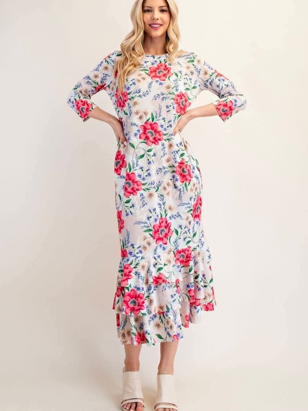 Celeste White Midi Dress with Pink Floral Print